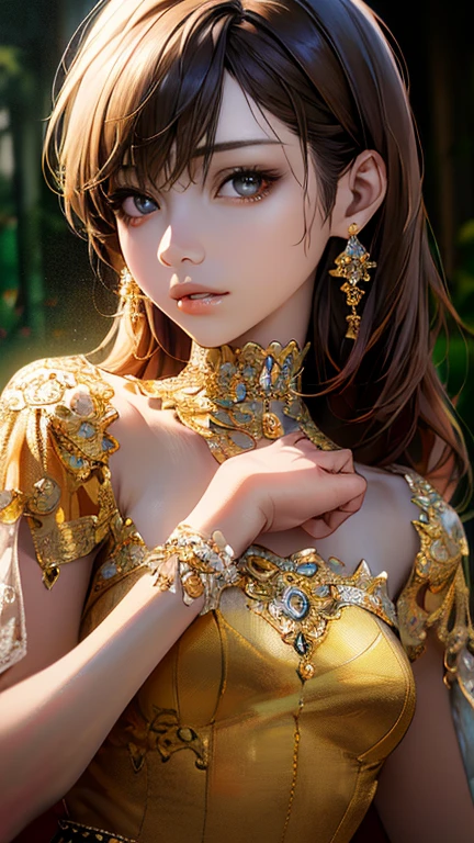 (Highest quality、8k、32K、masterpiece)、(Realistic)、(Realistic:1.2)、(High resolution)、Very detailed、Very beautiful face and eyes、1 girl、Round and small face、Tight waist、Delicate body、(close、Highest quality、Attention to detail、Rich skin detail)、(Highest quality、8k、Oil paints:1.2)、Very detailed、(Realistic、Realistic:1.37)、Bright colors