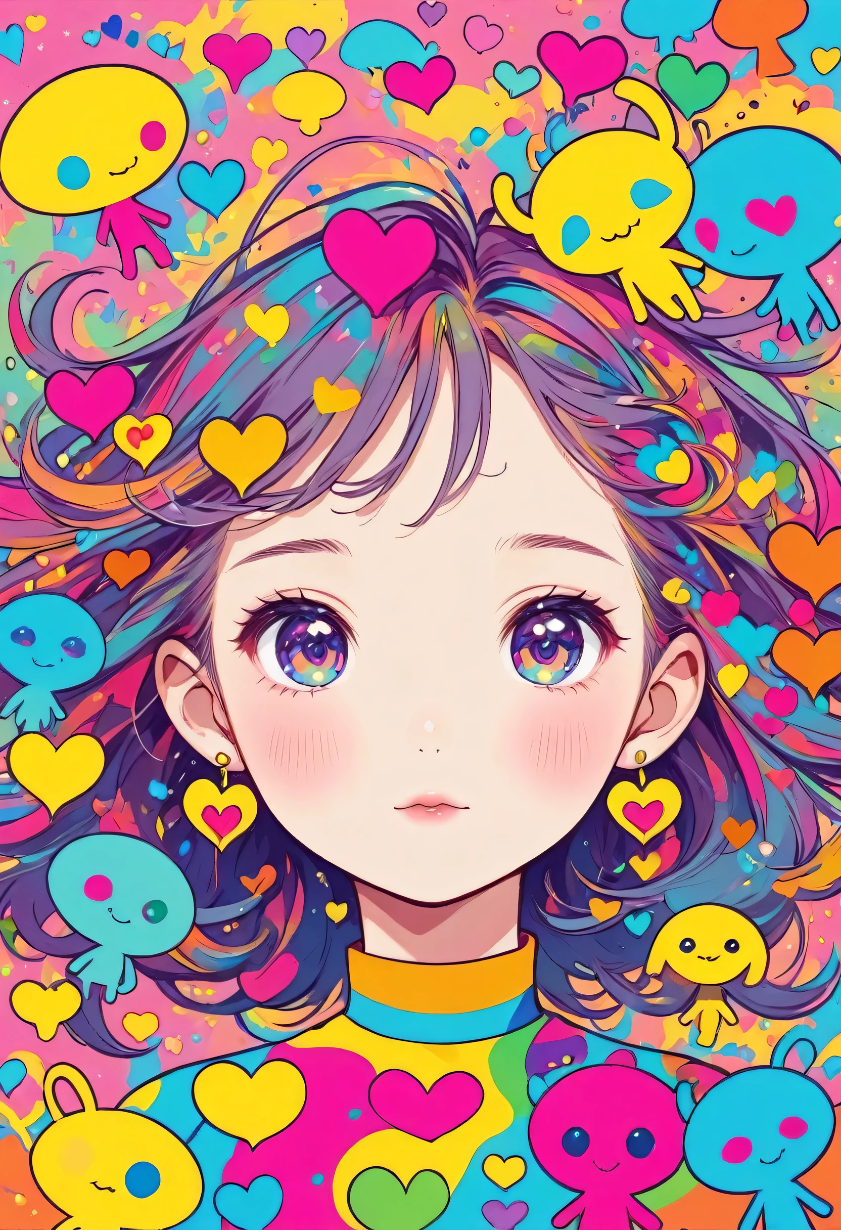 Keith Haring colorfull style, Simple Line Initialism,Abstract art,(((The most beautiful girl of all time))), Sweet face. colorful hearts, kawaii design, (((Cute Aliens))), The background is space