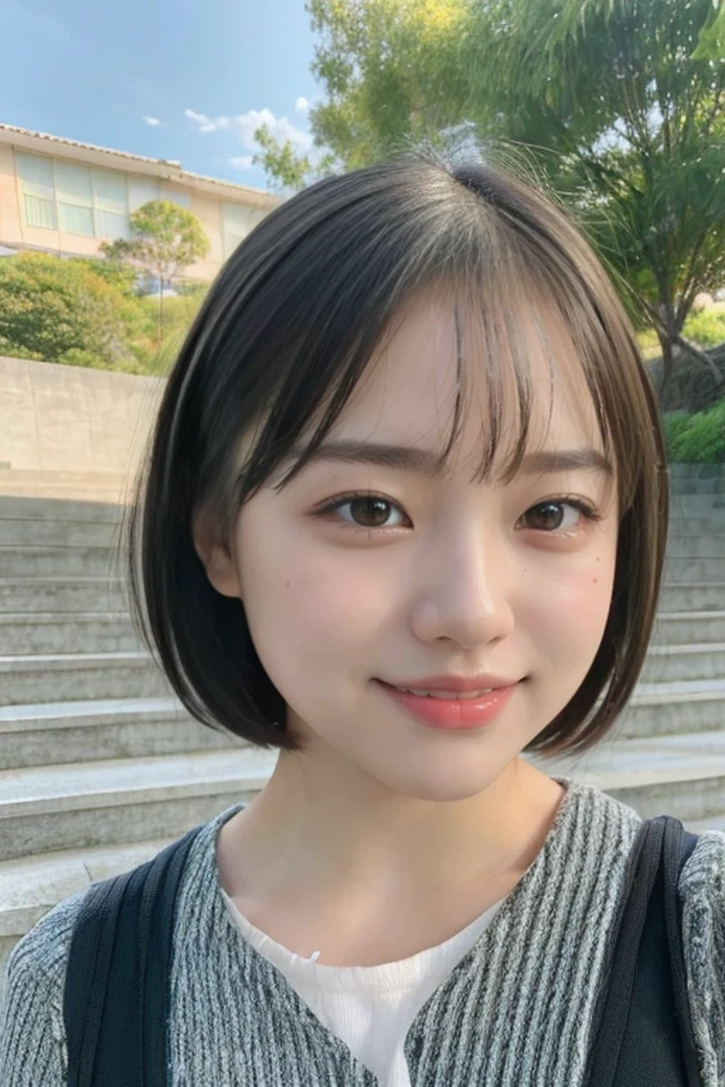 (from below:1.5), (8k, RAW photo, best quality, masterpiece:1.2), (realistic, photo-realistic:1.4), (extremely detailed 8k wallpaper), pretty Japanese girl standing on school stairs, (very short cut hair:1.3), smile