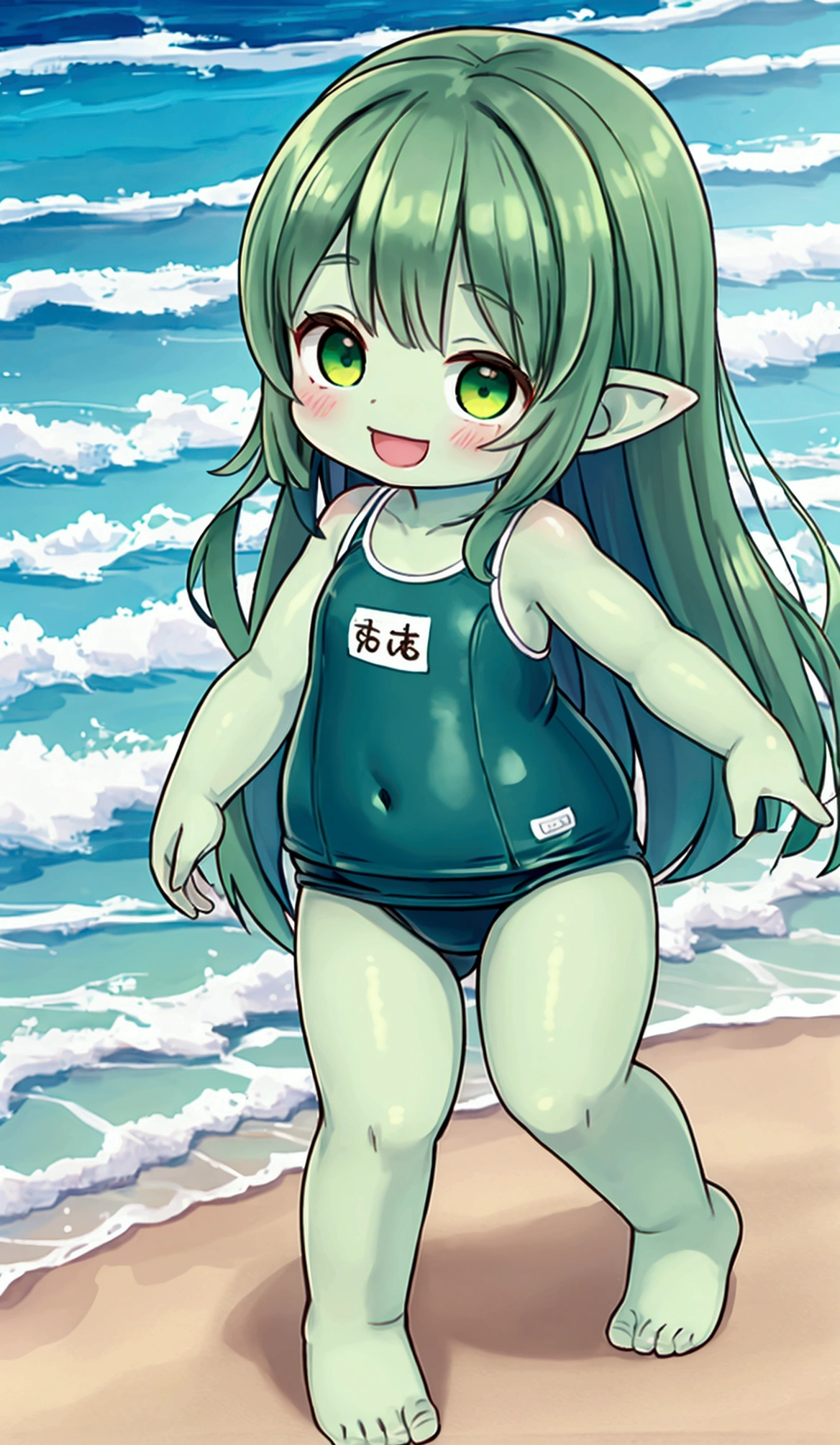 ((one person)), a little demi-human girl, Baby Face, Short limbs、Dwarf ears, Long Hair, ((Green Skin)), Very detailed, ((masterpiece, Highest quality;1.3)) , School Swimsuit,  laughing、Ocean、Playing on the beach