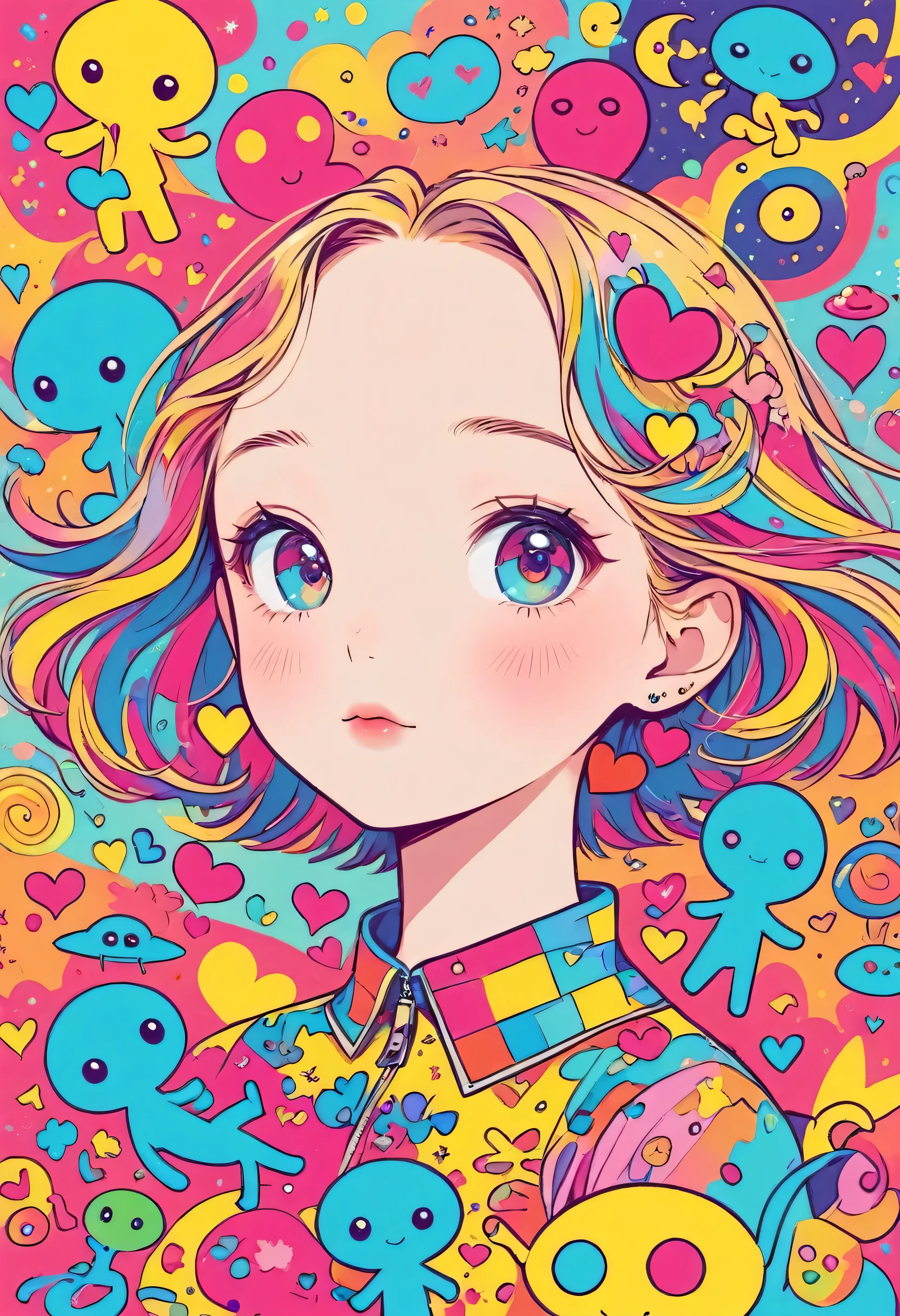 Keith Haring colorfull style, Simple Line Initialism，Abstract art，(((The most beautiful girl of all time))), Sweet face. colorful hearts, kawaii design, (((Cute Aliens))), The background is space