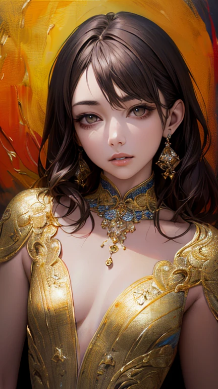 (Highest quality、8k、32K、masterpiece)、(Realistic)、(Realistic:1.2)、(High resolution)、Very detailed、Very beautiful face and eyes、1 girl、Round and small face、Tight waist、Delicate body、(close、Highest quality、Attention to detail、Rich skin detail)、(Highest quality、8k、Oil paints:1.2)、Very detailed、(Realistic、Realistic:1.37)、Bright colors