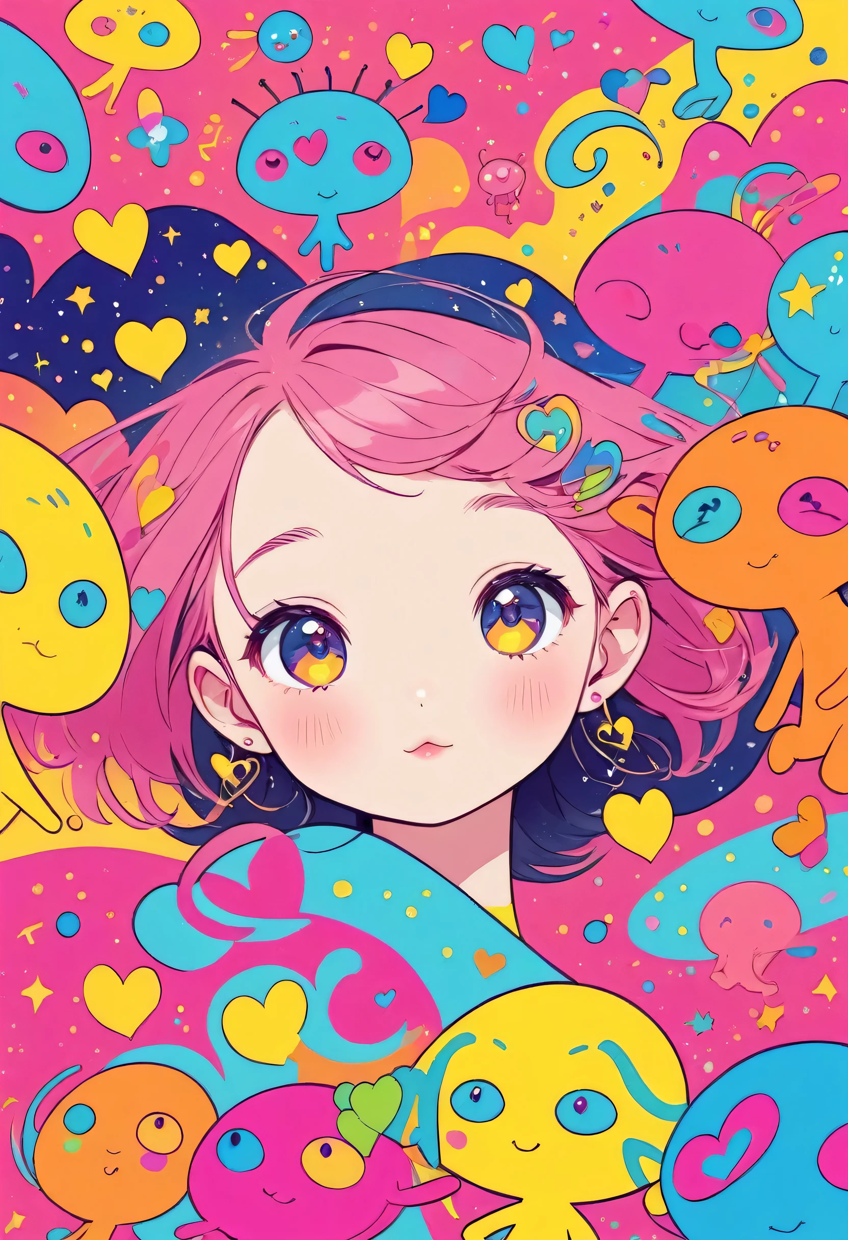 Keith Haring colorfull style, Simple Line Initialism，Abstract art，(((The most beautiful girl of all time))), Sweet face. colorful hearts, kawaii design, (((Cute Aliens))), The background is space