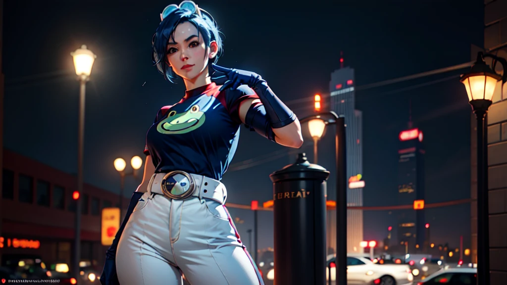 (at night), in a video game scene, a background of a beautiful city during the day raining, standing at attention, semi-short blue hair, blouse with an anime frog face, white flared pants, wearing blue fingerless exercise gloves, has round goggles on her head, huge belt with a round eyeglass, ((blue hair)), 1 girl, alone, 20 years old, young woman, perfect hands, beautiful fingers, beautiful long legs, beautiful body, beautiful nose, beautiful design of characters, perfect face, looking at the viewer with serious gesture (focusing on his face), closed mouth, Light_Smile, official art, extremely detailed CG unity 8k wallpaper, perfect lighting, bright and colorful front lighting, glowing skin (masterpiece : 1.0), (best_quality: 1.0), ultra high resolution, 4K, ultra detailed photography, 8K, HDR, high resolution, nonsense:1.2, Kodak portra 400, film grain, background blur, bokeh:1.2, lens flare, (vibrant_color:1.2), professional photography, (beautiful_face: 1.5), (narrow waist),
