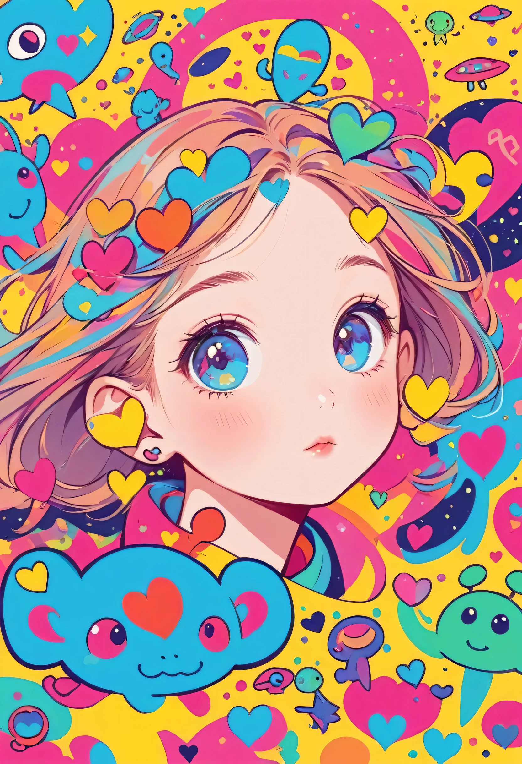 Keith Haring colorfull style, Simple Line Initialism,Abstract art,(((The most beautiful girl of all time))), Sweet face. colorful hearts, stylish design, (((Cute Aliens))), The background is space