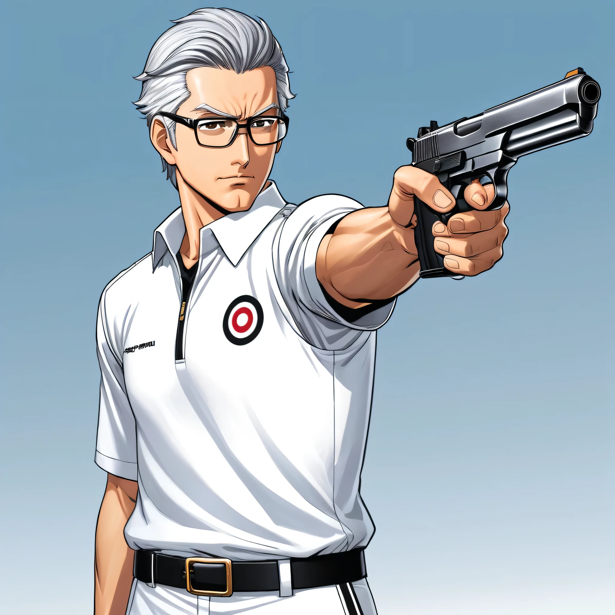 Mangá style man middle  gray hair target shooting pose empunahdo an Air Pistol 10 meters in his right hand esricando his armo he wears white jersey of the competition Turkey this in target shooting pose wears prescription glasses, this in disposed shape upper body, manga anime art-style ((more detail, enhnaced))