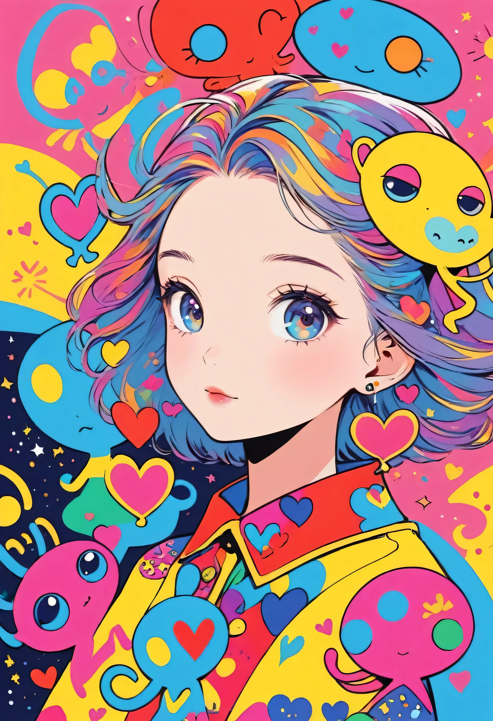 Keith Haring colorfull style, Simple Line Initialism,Abstract art,(((The most beautiful girl of all time))), Sweet face. colorful hearts, stylish design, (((Cute Aliens))), The background is space