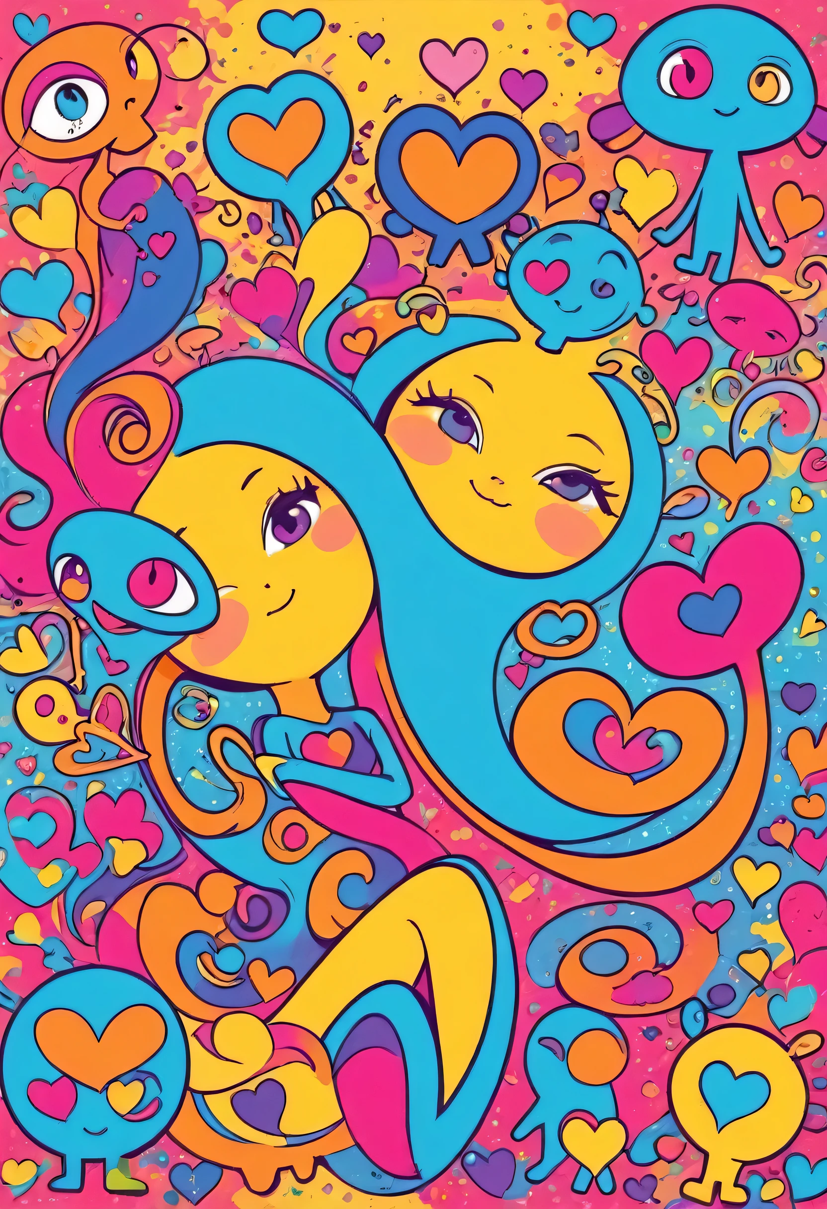 Keith Haring colorfull style, Simple Line Initialism,Abstract art,(((The most beautiful girl of all time))), Sweet face. colorful hearts, stylish design, (((Cute Aliens))), The background is space