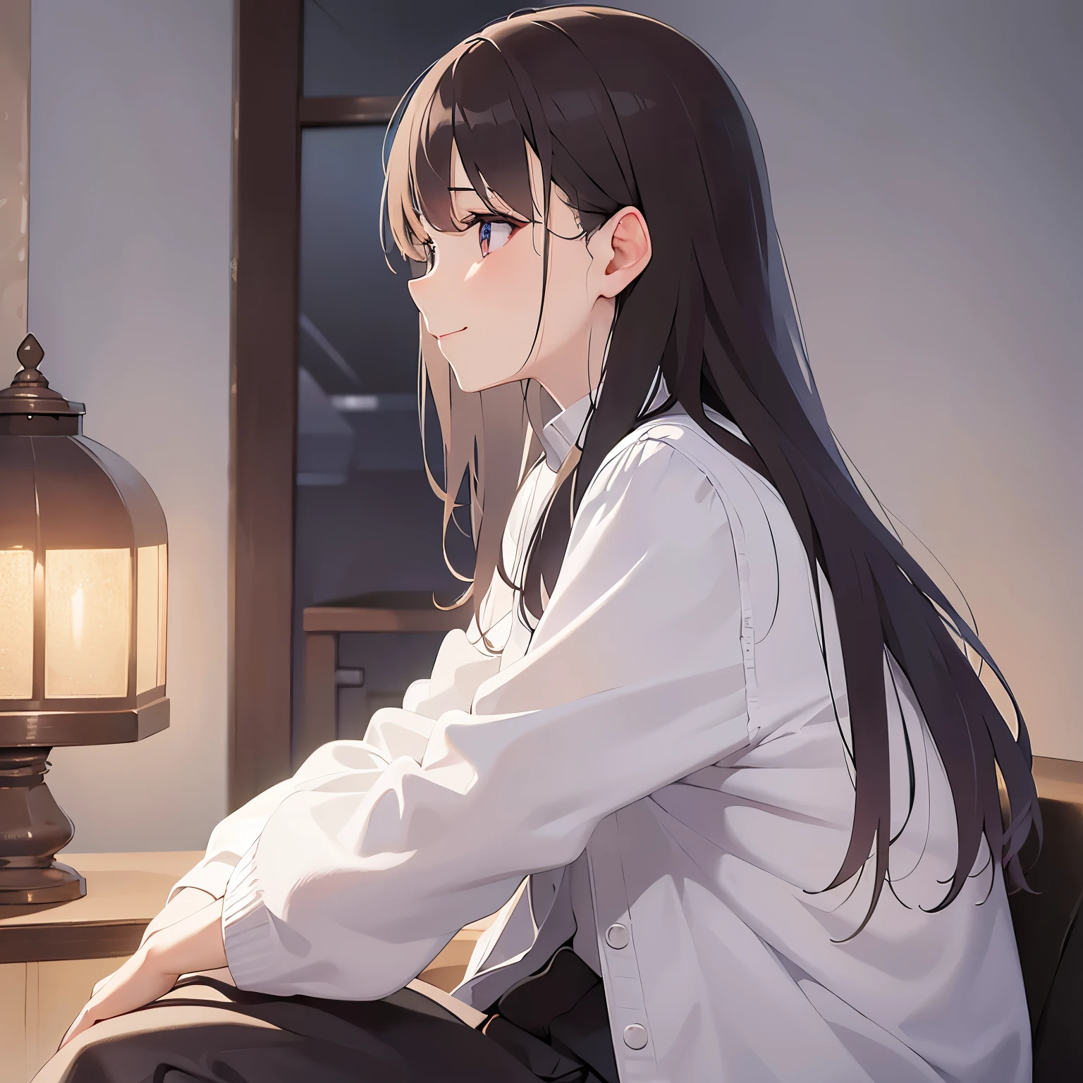 (looking away:1.5),Upper Body,profile、Side shot、
Realistic, real person, (pale skin: 1.2), RAW photo, photorealistic, shiny skin, shiny hair、
(A 25-year-old woman with medium-length hair and bangs) and (wavy hair) and (brown hair) and (orange eyes) 、
sad,smile,,Sitting、White long sleeve shirt、The background is the living room at night