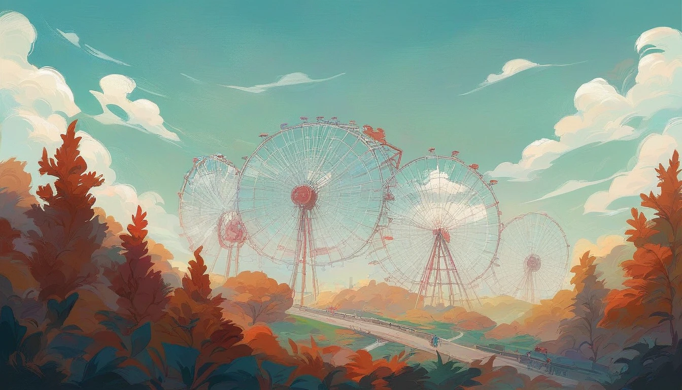 The scenery outside the window of the gondola at the top of the Ferris wheel, can see roller coasters, carousels, haunted teacups, and more, distant view, outside the amusement park is a residential area, mountains can be seen in the distance, amusement park,It is late autumn, Cloudy,