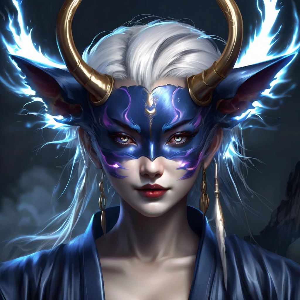 I want a human with eyes covered by a lightning aura and a woman of Japanese ethnicity, I want her to have a hideous smiling expression, and an extremely strong blue demonic aura that surrounds his entire being, this woman has two horns that are covered by lightning and will have long white hair, and wore a sensual Japanese outfit, will have eyes covered in dark blue rays and appear to be 24 years old at most. captured in an ultra-realistic full HD 4K portrait, detailed texture showing its menacing shape, Immersive atmosphere, high definition shadow play, digitalpainting, nevoa no environment. I want a different monster from each other and make the image darker, obscure, creating a dark and dimly lit horror atmosphere!