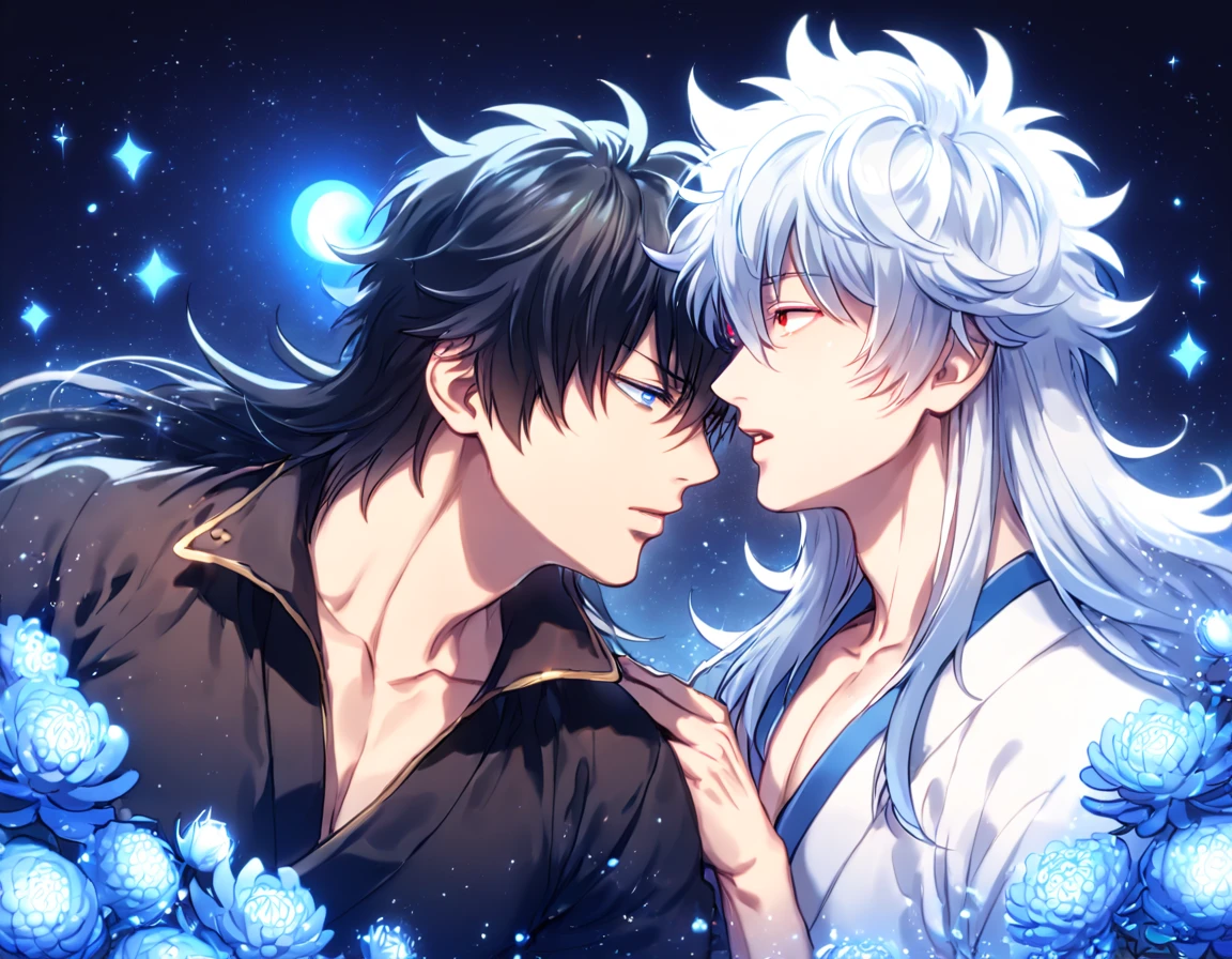 absurdres, highres, ultra detailed, HDR, master piece, best quality, extremely detailed face, delicated features, Xue Yu, untamed spiky hair, black hair, long hair, hair between the eyes, expressive red eyes, Thousand Years War, Gojou Satoru, white hair, messy hair, expressive blue eyes, two sexy men bathing together, gay couple, yaoi, handsome, toned chest, water, fantasy, magic, envy magical, forest, blue dust, blue lanterns, blue fire, blue floating round lights