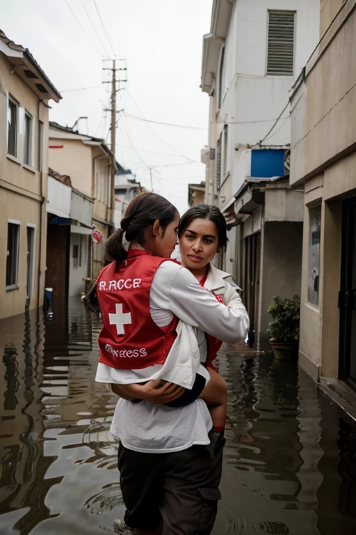 a man walking backwards with the emblem of the red cross, carrying a girl, in the background a flood