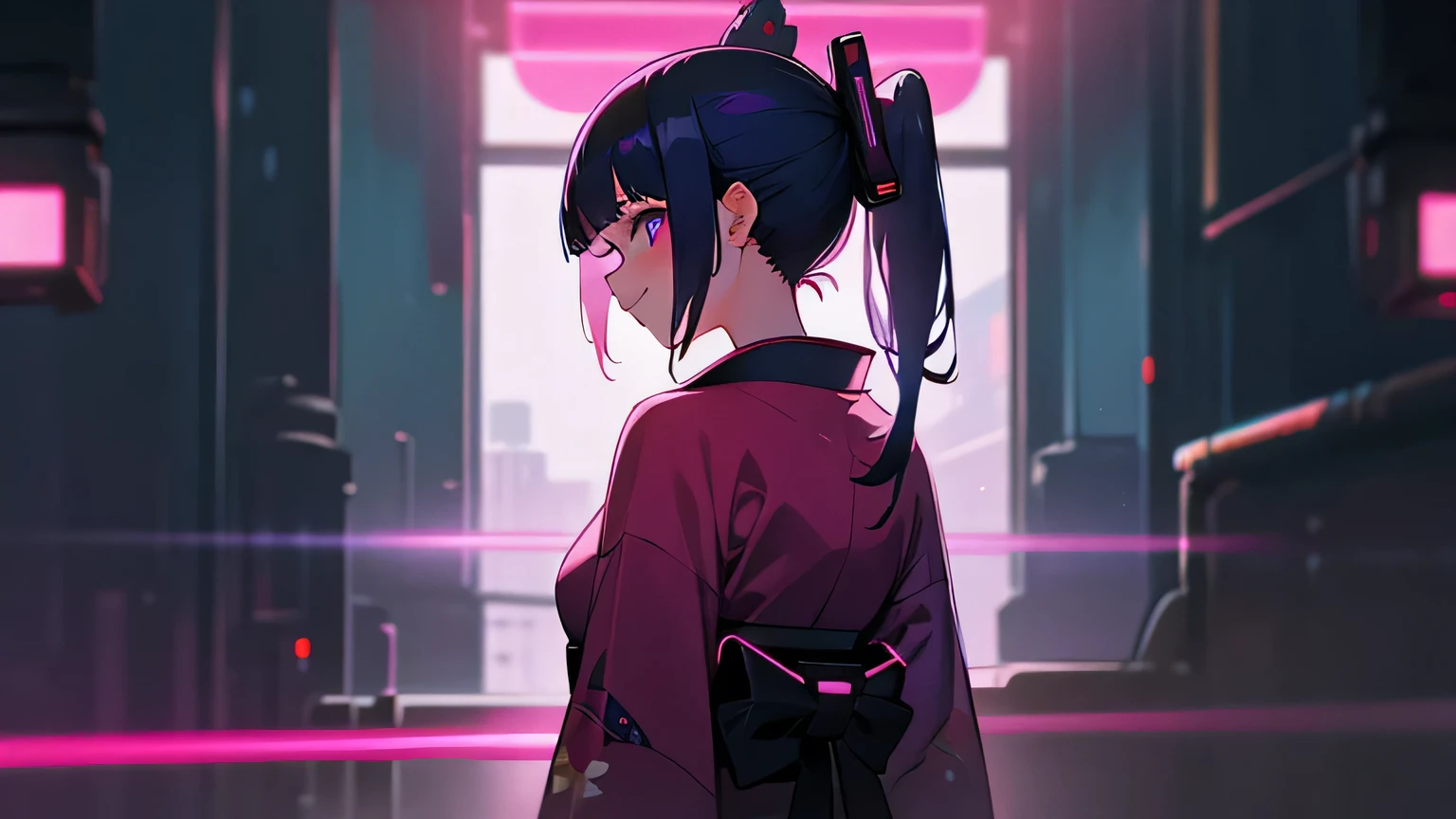 kimono, smile, girl, back view, cyber city, neon