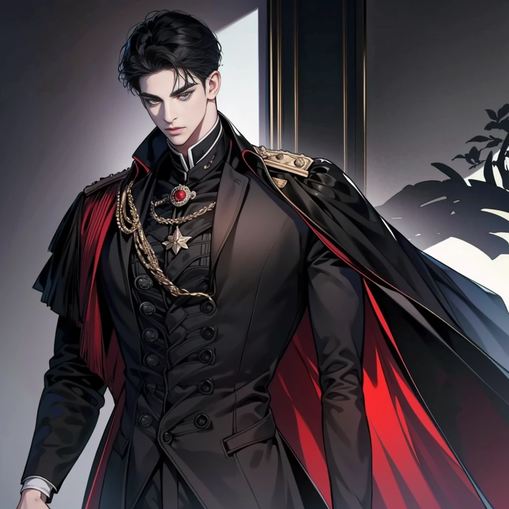 1 boy, Young male, Eyes red looking to camera, Perfect male body, quiet and charming young man, 25 year old, serious look, closed mouth, portrait, extremely detailed face, cold expression, ((dark grey eyes)), ((short-right-swept dark black hair)), [thick furrowed eyebrows], ((black duke outfit)), handsome, full body, fair skin, regal pose, dramatic shadow, Ray Tracing, Portrait, (tmasterpiece, high resolution, ultra - detailed:1.0)
