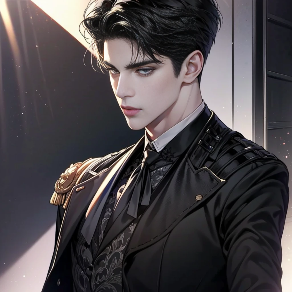 1 boy, Young male, Eyes red looking to camera, Perfect male body, quiet and charming young man, 25 year old, serious look, closed mouth, portrait, extremely detailed face, cold expression, ((dark grey eyes)), ((short-right-swept dark black hair)), [thick furrowed eyebrows], ((black duke outfit)), handsome, full body, fair skin, regal pose, dramatic shadow, Ray Tracing, Portrait, (tmasterpiece, high resolution, ultra - detailed:1.0)