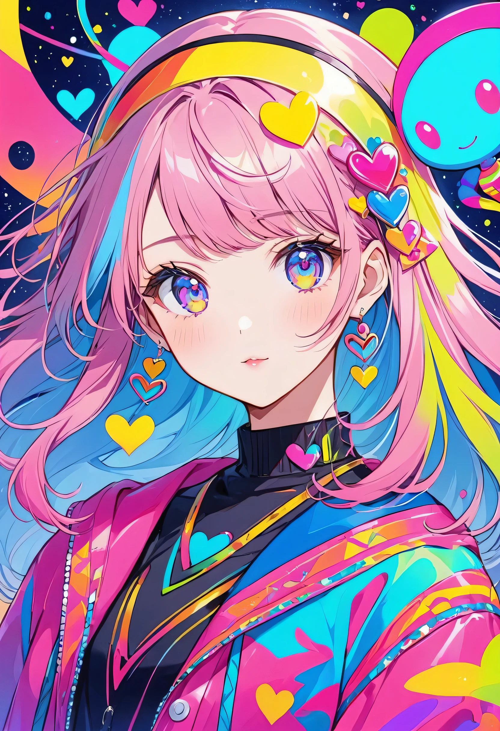 Seizo Watase olorfull style, Simple Line Initialism,Abstract art,(((The most beautiful girl of all time))), Sweet face. colorful hearts, stylish design, (((Cute Aliens))), The background is space