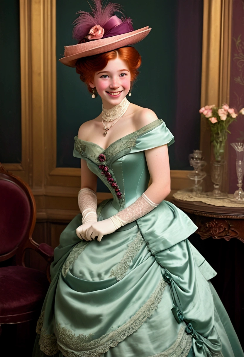 Year 1900. Princess Anna as a hot **** teenage socialite. Gibson Girl hairstyle, redhead. Hat, strapless party dress, gloves, silk stockings, boots. Coquettish smile. Victorian debutante party.