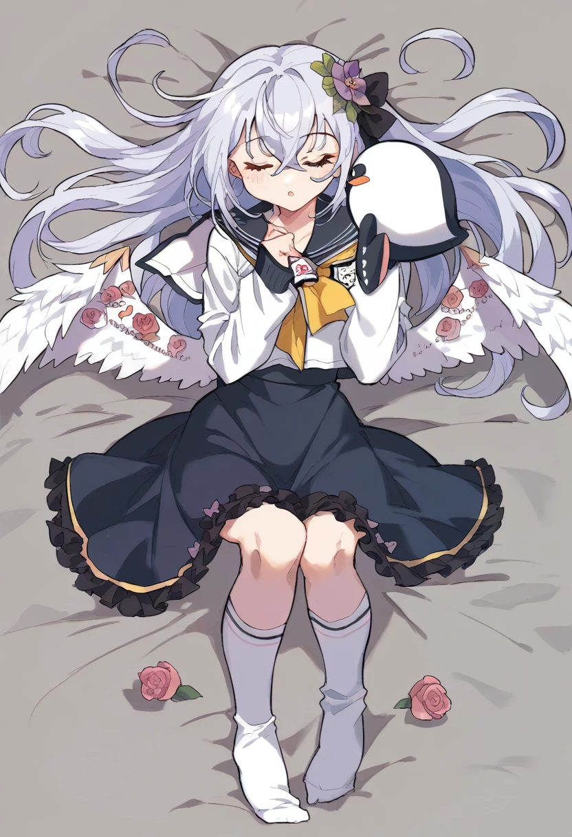 azusa \(blue archive\), 1girl angel_wings black_sailor_collar black_skirt black_socks bow closed_eyes flower frilled_sailor_collar frilled_skirt frilled_socks frills grey_hair hair_between_eyes hair_flower hair_ornament holding holding_stuffed_toy layered_skirt long_skirt long_sleeves open_mouth pink_flower pink_rose purple_bow purple_flower rose sailor_collar school_uniform shirt skirt sleeping socks solo stuffed_animal stuffed_bird stuffed_cat stuffed_penguin stuffed_toy white_shirt wing_ornament wings