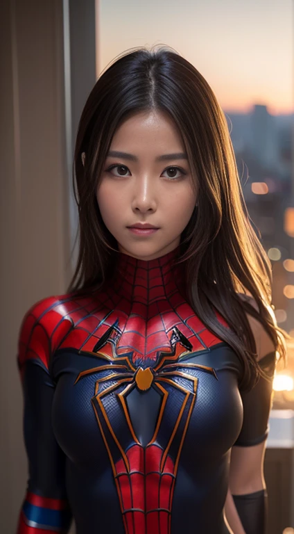 1girl in, (((japanese beautiful woman))),(((Spider-Man Suit))),(((No mask)))，(((mask off)))，(((Show your face:1.1)))，(((A darK-haired))),  Slim body,full-shot, Spider-Man pose, fighting poses，Dynamic Poses，frombelow, looking at the viewers, (Japanese landscape), (City),Skyscrapers，On the roof of a building， Detailed background,Photorealsitic、a picture、​masterpiece、reallistic、Reality、photorealisim、High contrast、Photorealistic Art Station Trending Digital Art 8k HD High Definition and Detailed Realistic, detaileds, Skin Texture, Ultra-detail, realistic skin textures, armature, top-quality, 超A high resolution, (Photorealsitic:1.4),, hight resolution, detaileds, Raw foto, Sharp Re, Nikon D850 Film Stock Photo by Lee Jefferies 4 Kodak Portra 400 Camera F1.6 lenses rich colors hyper realistic lifelike textures dramatic lighting unreal engine artstation trends synestil 800,