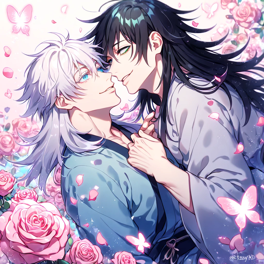Ultra detailed, HDR, Highres, absurdres, master piece, Gojou Satoru, white hair, long hair, white eyelashes, expressive blue eyes, Chinese light blue kimono, Fushiguro Megumi with long hair, black hair, expressive green eyes, Jujutsu Kaisen, two sexy men together, light blue kimono, gay couple, yaoi, love, pink glittering butterflies, pink ice, petals, pink ice glass roses, sexy man, sensual, handsome, glittering, water, fantasy, magical, manly man, handsome smile,