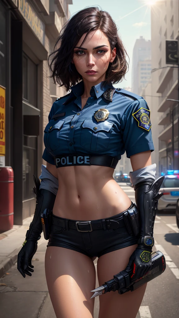 ((((masterpiece, best quality, high resolution)))), Extremely detailed 8K, 1 female, (Police Officer) wearing a cyberpunk police uniform and gear, (Ultra HD, Ultra-detailed, Highly detailed, Highly realistic, Ultra-realistic, photograph realistic), (1girl:1.5), (Realistic black hair), (dynamic poses), facing at camera, looking at viewer, (a serious focus face), (regular black eyes, sharp eyes), (perky breasts:1.2), (beautifully detailed face, beautiful detailed eyes), ((preparing for a police patrol)), (streets background), sweat, glow, (sunbeam, sunlight), ((cowboy shot)), seductive, EnvyBetterHands LoCon,