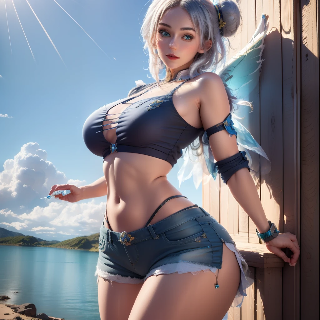 (TinkerWaifu:1), smile, sexy pose, cute, looking at the viewer, thick thighs, single bun, short hair, (short dolphin shorts:1), (fairy wings), standing, (focus on breasts:1.2), from above, (realistic: 1.2), (realism), (masterpiece: 1.2), (best quality), (ultra detailed), (8k, 4k, complex),(full body photo: 1),(cowboy photo:1.2), (85mm), light particles, lighting, (highly detailed:1.2),(detailed face:1.2), (gradients), sfw, colorful,(detailed eyes:1.2), (detailed ladscape, inside a glass jar :1.2),(detailed background),detailed landscape, (dynamic angle:1.2), (dynamic posture:1.2), (rule of terceira_composição:1.3), (line of action:1.2), general plan, daylight, soil,