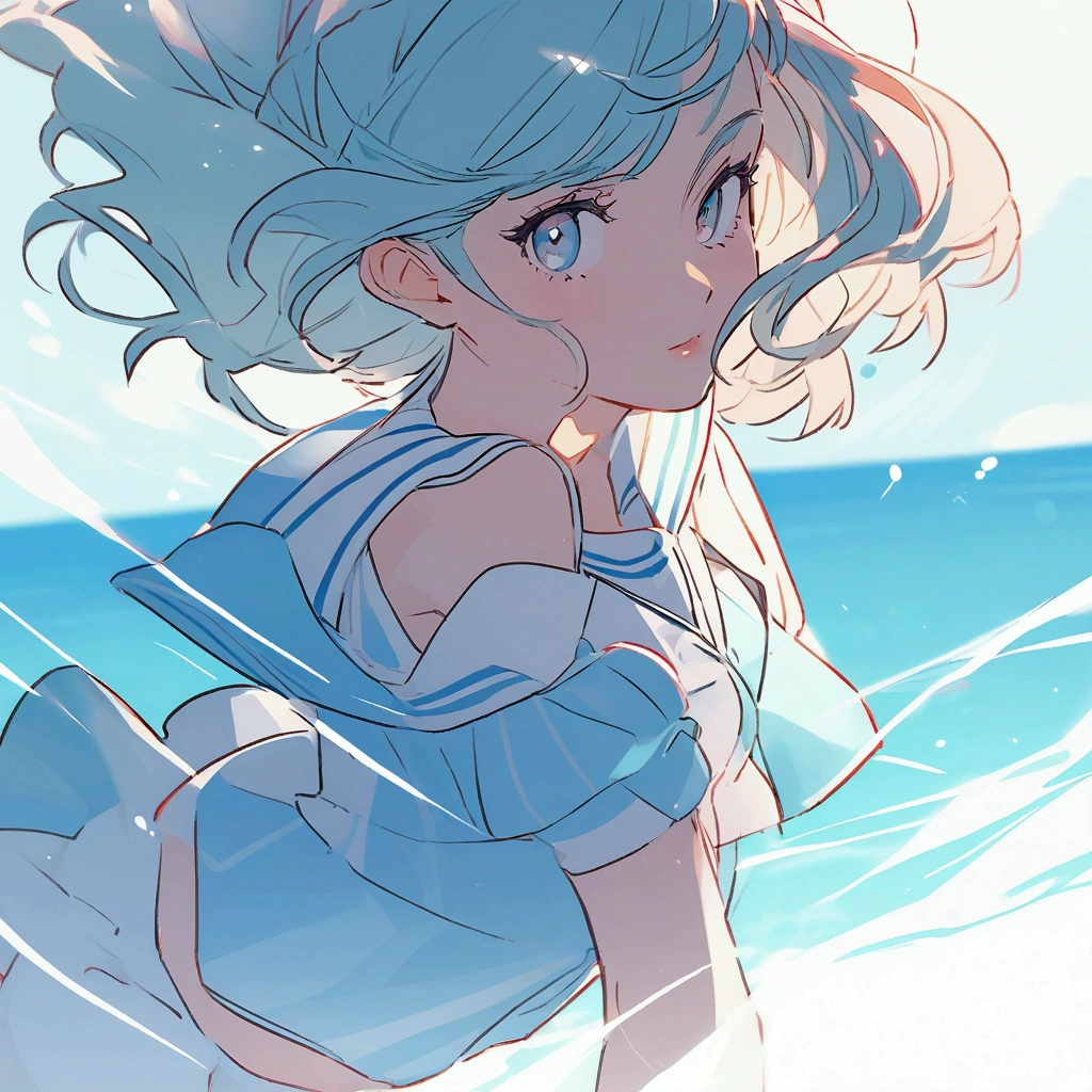 (best quality,highres,masterpiece:1.2),ultra-detailed,realistic,portrait,painting,anime,colorful,studio lighting,sailor_mercury,huge_ass,swimsuit,blushing,beautiful detailed eyes,beautiful detailed lips,longeyelashes,magical girl,medium wavy blue hair sparkling under the sunlight,confident and charismatic expression,striking pose by the seaside,powerful blue aura surrounding her,crystal-clear ocean waves crashing against the rocks behind her,sparkling white sand beach,distant sailing ships,seagulls flying in the sky,soft warm sunlight casting a golden glow on the scene,vivid and saturated colors,shadows and highlights enhancing the depth and dimensionality,meticulous attention to intricate details,meticulously painted fabric texture of the swimsuit,satin-like smoothness of her skin,subtle blush on her cheeks,sparkles in her eyes creating a mesmerizing effect.