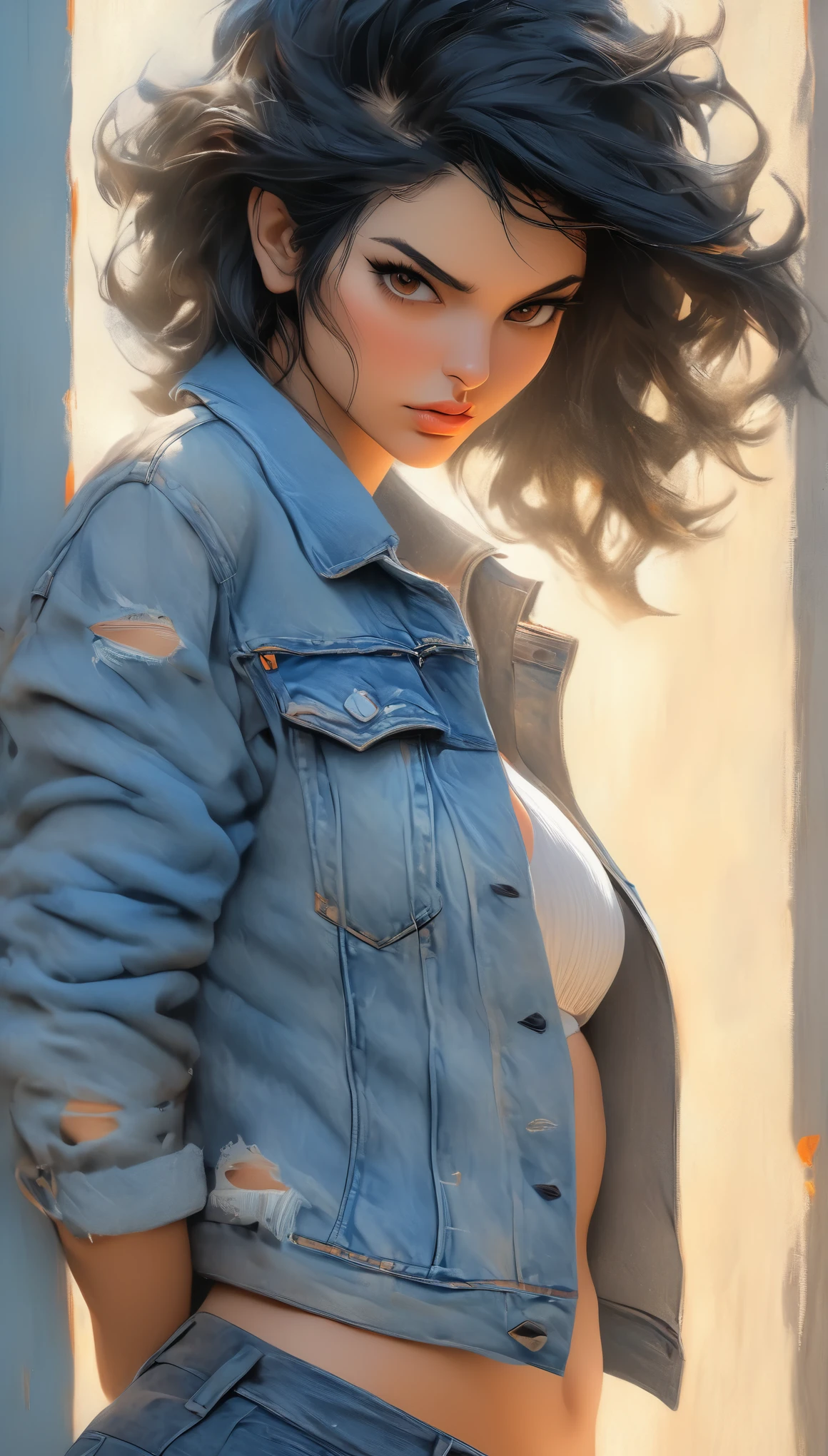 Portrait of a beautiful black haired woman opened denim jacket top, nude middrift, braless,tattered graphic tee shirt, quarter turn to right, head turned to the right, facing the camera, clevage, sensual, hints of impretionism, bold photography, blues and orange shadows morning light, hyper detailed realism, 8k resolution, upper body portrat.