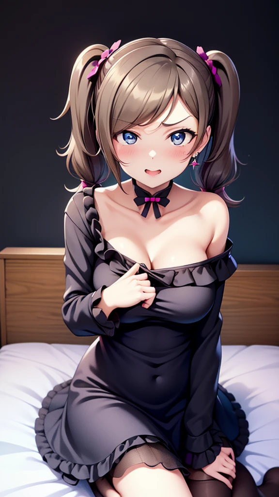 Erotic,lovelive　Watanabe You、Black Hair、Long twin tails　 Volumie、Big Breasts,Gothic　Lolita、Off the shoulder,Female Spy、Black Background、Dimly lit bedroom , Evil、 Erotic Sneer、Lightly open your mouth