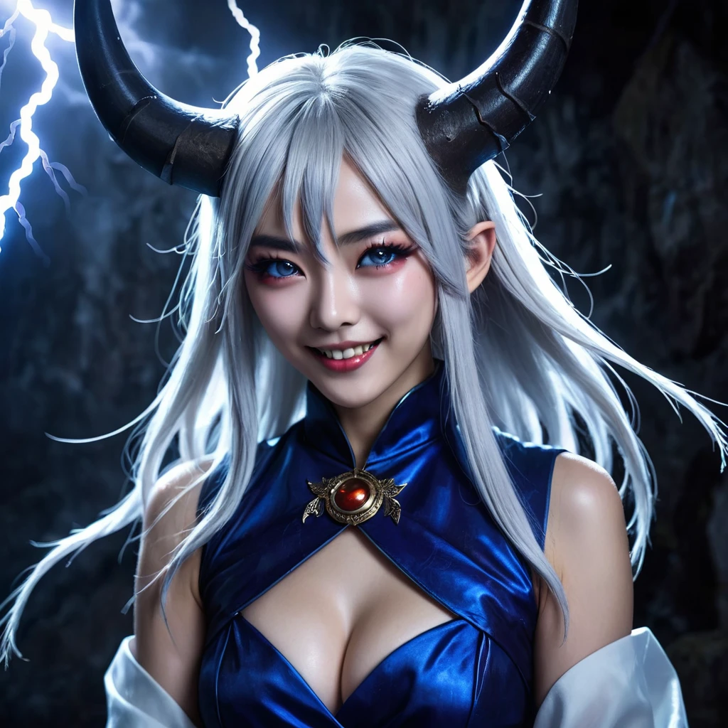 I want a human with eyes covered by a lightning aura and a woman of Japanese ethnicity, I want her to have a hideous smiling expression, and an extremely strong blue demonic aura that surrounds his entire being, this woman has two horns that are covered by lightning and will have long white hair, and wore a sensual Japanese outfit, will have eyes covered in dark blue rays and appear to be 24 years old at most. captured in an ultra-realistic full HD 4K portrait, detailed texture showing its menacing shape, Immersive atmosphere, high definition shadow play, digitalpainting, nevoa no environment. I want a different monster from each other and make the image darker, obscure, creating a dark and dimly lit horror atmosphere!