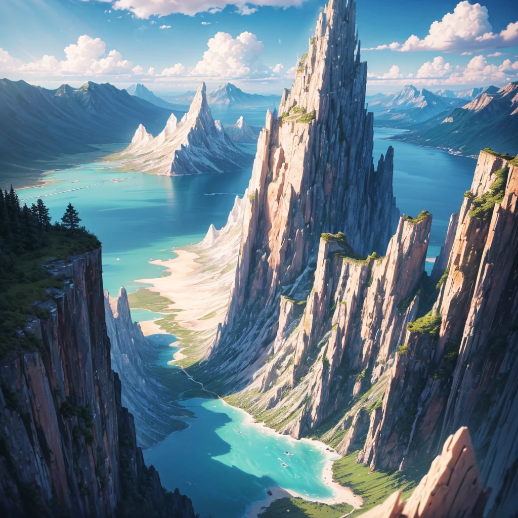 ({{high resolution,}},masterpiece,Super detailed,best quality,8k)cloud, sky空, landscape, sky, blue_sky空, Mountain, cloudy_sky空, outdoor, waterfall, fantasy, horizon, cliff, rock, water, landscape, Mountainous_horizon, ocean, Tree, river, floating_island
