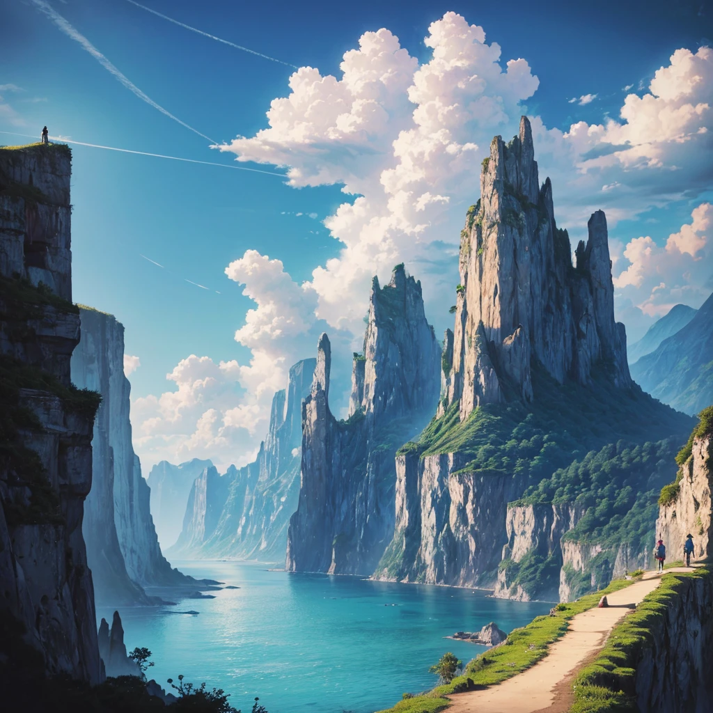 ({{high resolution,}},masterpiece,Super detailed,best quality,8k)cloud, sky空, landscape, sky, blue_sky空, Mountain, cloudy_sky空, outdoor, waterfall, fantasy, horizon, cliff, rock, water, landscape, Mountainous_horizon, ocean, Tree, river, floating_island