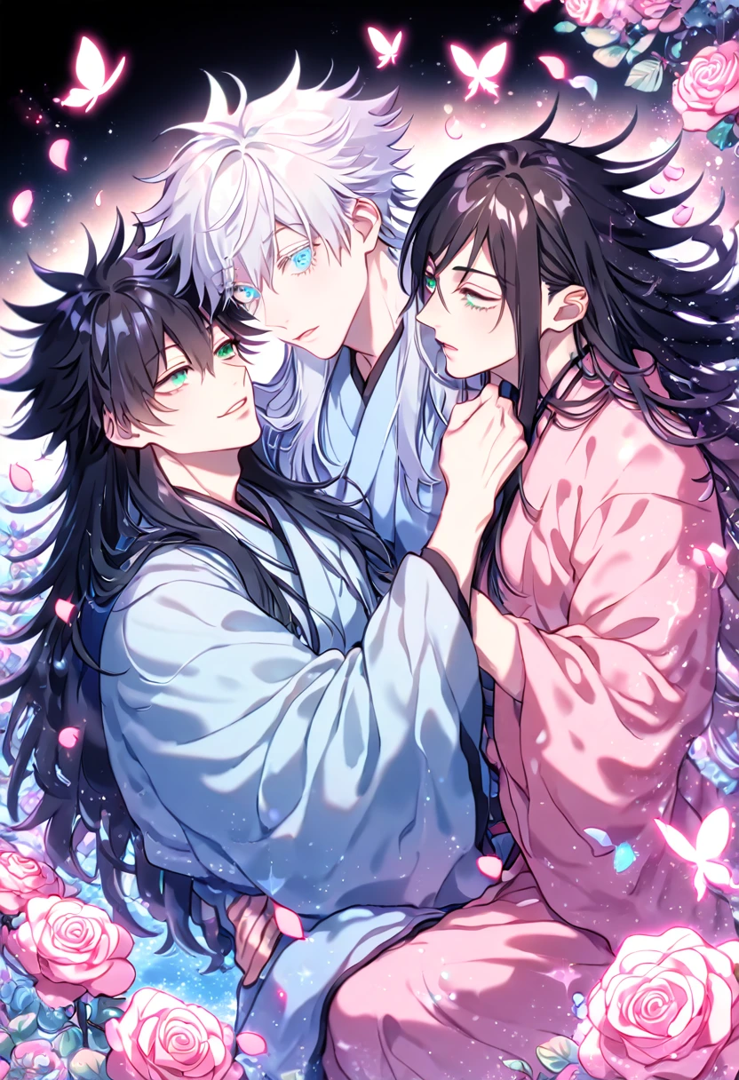 Ultra detailed, HDR, Highres, absurdres, master piece, Gojou Satoru, white hair, long hair, white eyelashes, expressive blue eyes, Chinese light blue robes, Fushiguro Megumi with long hair, black hair, expressive green eyes, Jujutsu Kaisen, two sexy men together, fantasy light blue robes with trimming, gay couple, yaoi, love, pink glittering butterflies, pink ice, petals, pink ice glass roses, sexy man, sensual, handsome, glittering, water, fantasy, magical,