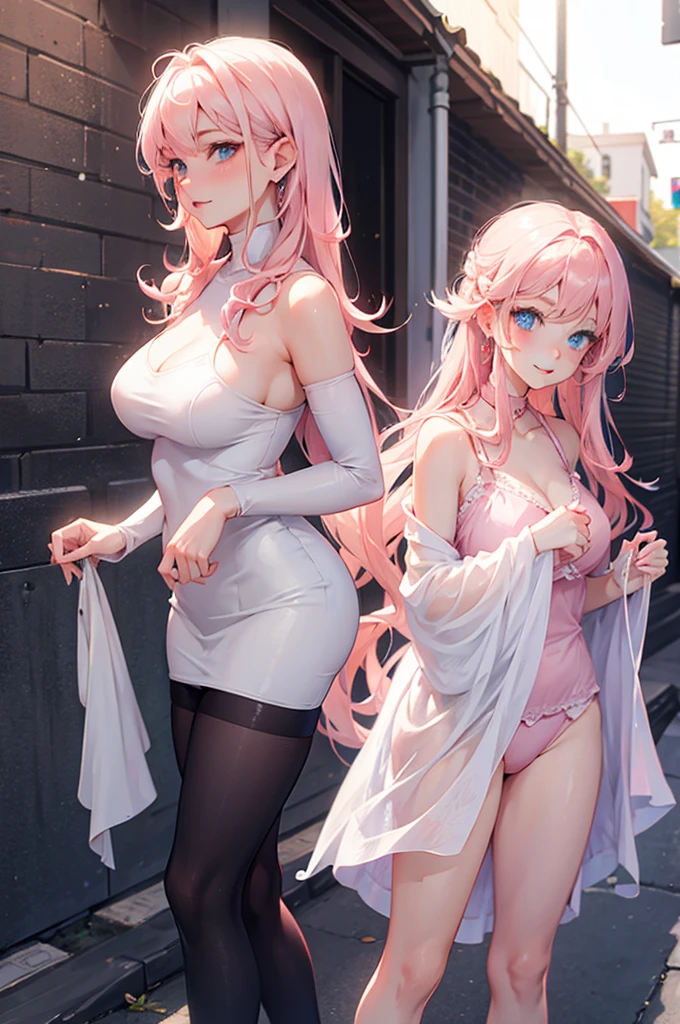 (masterpiece:1.2), (best quality:1.2), detailed, one elf girl in transparent Baby-Doll, pink hair, mature, bobcut, blue eyes, cleavage, in a dark alleyway, (no panties), (ahegao:1.3)