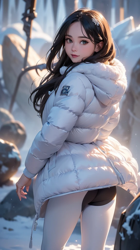 (La mejor calidad,A high resolution,Ultra - detallado,actual),Selena Gómez ,(cabello white canoso :1.4), inclined view from behind: 1.2 (sexy poses, pechos huges, thick thighs, Wide hips, huge, muscular legs, standing, Thin waist,photograph of a woman, Skiing on a mountain, Winter Wonderland,( puffy jacket, spandex pants:1.4) , squiz suit, Photorealistic painting art by Midjourney and Greg Rutkowski), winter field, Look at the viewer, seductive smile, (Selena Gómez :1.4), (pose vaquero :1.4), (anatomía perfecta :1.4),( iluminación cinematográfica), high quality, (RAW photo, best quality), (realistic, photorealistic: 1.4), (extremely delicate and beautiful: 1.4), amazing, fine details, masterpiece, ultra detailed, high resolution, best illustration, best shadow, intricate, ( extremely intricate: 1.2), (exquisitely detailed skin), cinematic light, perfect anatomy, (cool color: 1.4), sharp focus, 8k UHD, DSLR, (Fujifilm XT3),(fondo bosque congelado hielo piedras grandes :1.4), (face detailed :1.4), (colores brillantes),( tiene un hermoso culo:1.4), (fondo hielo nieve piedras grandes caverna cueva :1.4)