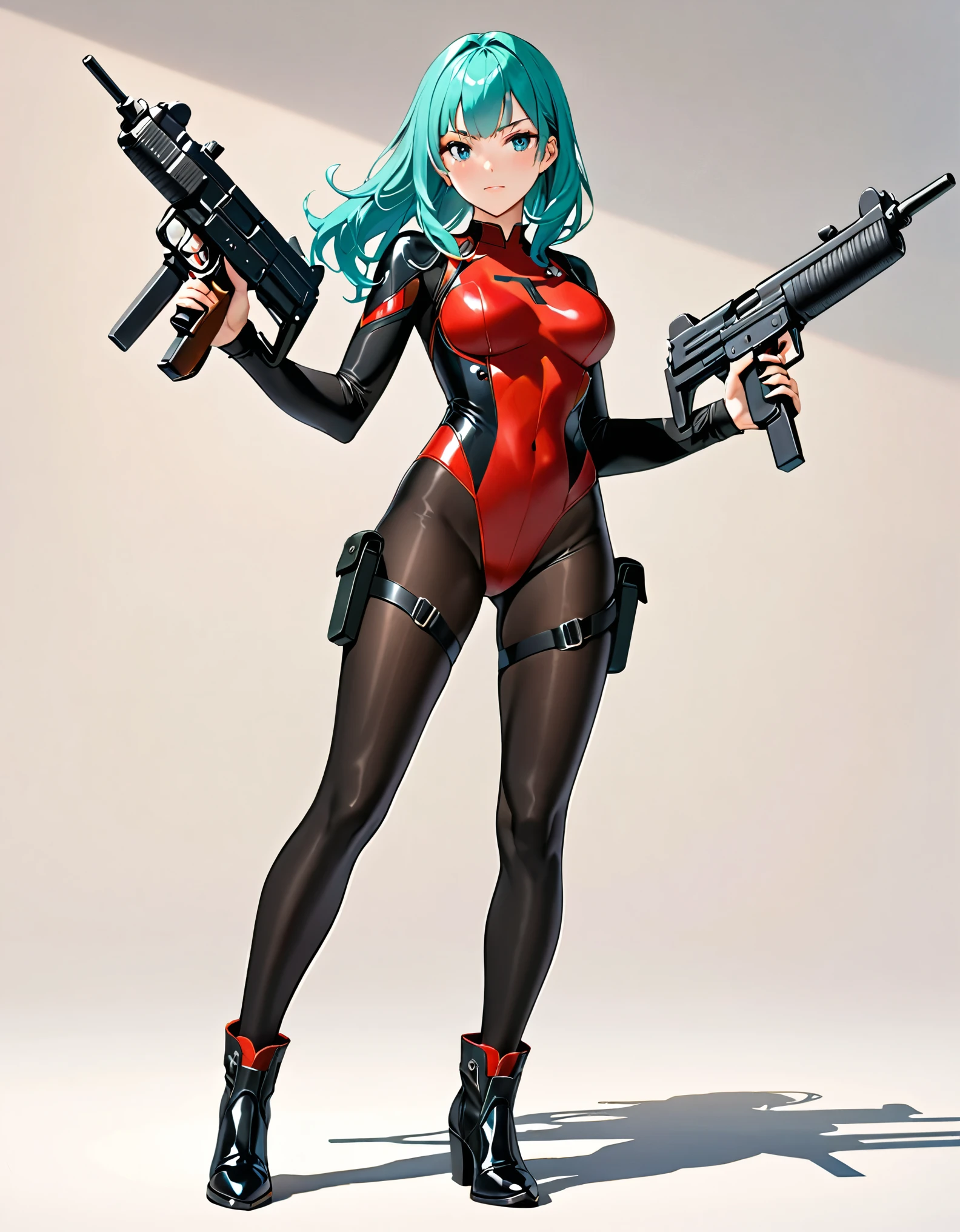 masterpiece, highly detailed, best quality, high quality, 1girl, (solo, solo focus), grey eyes, beautiful detailed eyes, beautiful detailed face, (perfect hands, complete fingers), perfect anatomy, perfect proportions, long aqua hair, (holding (uzi) with one hand), detailed shadows, detailed light, (black skintight bodysuit, (red leotard), shoulder holster), (full black pantyhose, skintight black pantyhose, skintight black leggings, perfect fit), matching boots, full body, serious, full body costume design