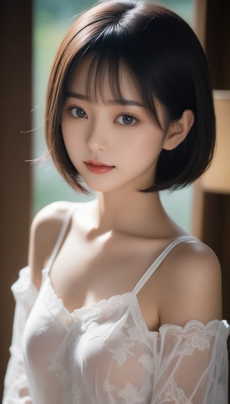 8k, Ultra-high resolution, Highest quality, masterpiece, 三分割法によるphotograph,Surreal, photograph, 1 Girl, (:1.3), pretty girl, Cute Face, Beautiful eyes in every detail, 細かくdetailedに,masterpiece,One Girl:1.2,Japanese female announcer,upper body,Serious expression,Black short hair,Bob with bangs,White lace lingerie, See through, Look forward, Standing posture, Opposition, Dynamic Lighting,Hotel room、 Sharp contours, Light from above, Low contrast, (Side view),Perfect and beautiful face ,完璧でCute Face, Skin with attention to detail, Perfect limbs、Narrow waist,Looking at the audience,(((Ideal body type))),A cup small breasts :2,Portraiture:2,Perfect Anatomy,鮮明なdetailed,detailed,Surreal,Light and shadow,stage lights
