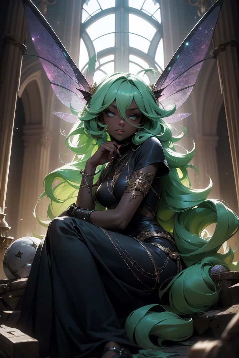 (Absurd, high quality, ultra -compared, careful with the hand) fairy, fairy wings, dreamer body, vivid, romantic and all. Optimistic face, just lies, without entry and intellectual. Reckless style, cold heart, impatient and too confident. Gray eyes, ripe and dark (eyes of the eyes), enchanted fairy (pixie) . medium curly hair, green hair. In the carnival row illustration, sitting on the ground, Whole body, black skin (black skin)