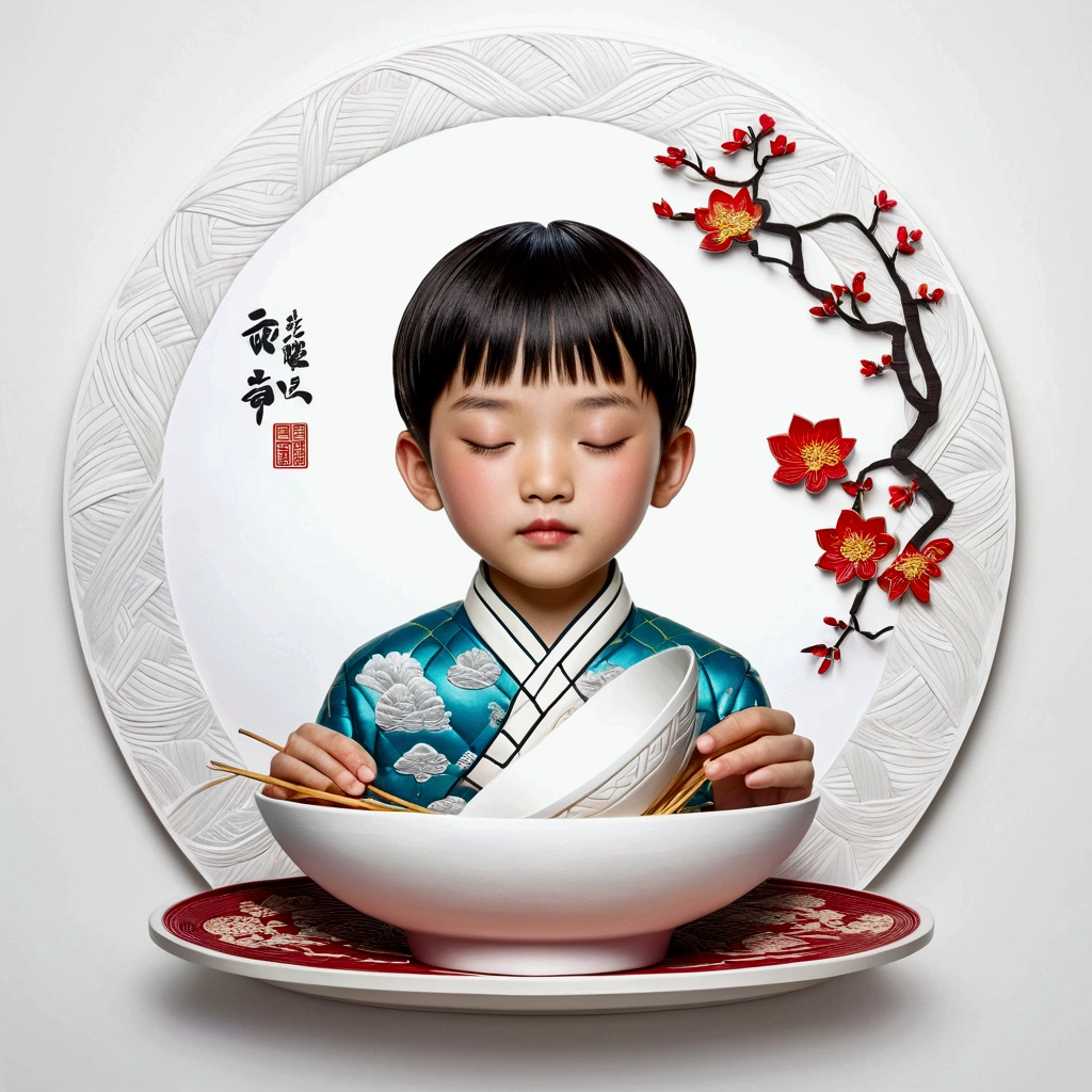 (White Background:1.4),(boy&#39; Profile picture, close your eyes, White Bowl Shorthair, A small braid was left，Oriental elements)，(Chinese illustration:1.3，Quilting Paper Craft:1.2),( Affordable logo design, Clear lines, High resolution,Highest quality, Very detailed, masterpiece, Cinematic lighting effects, 4K ), Undercut Hair