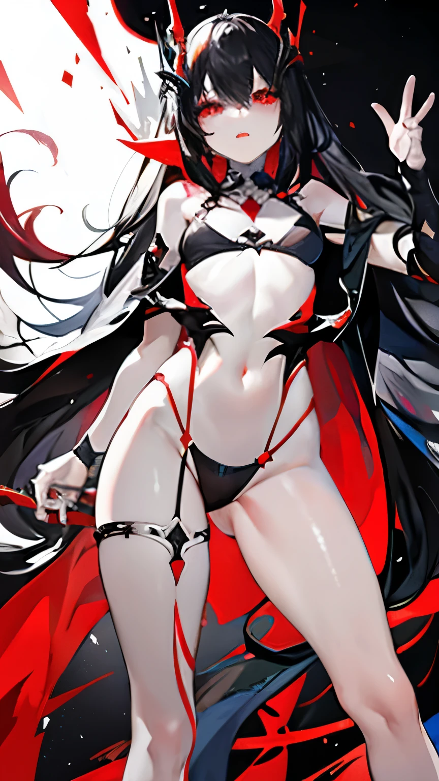 Dark style, black hair, white skin, red eyes, long hair, bangs,underwear,open legs