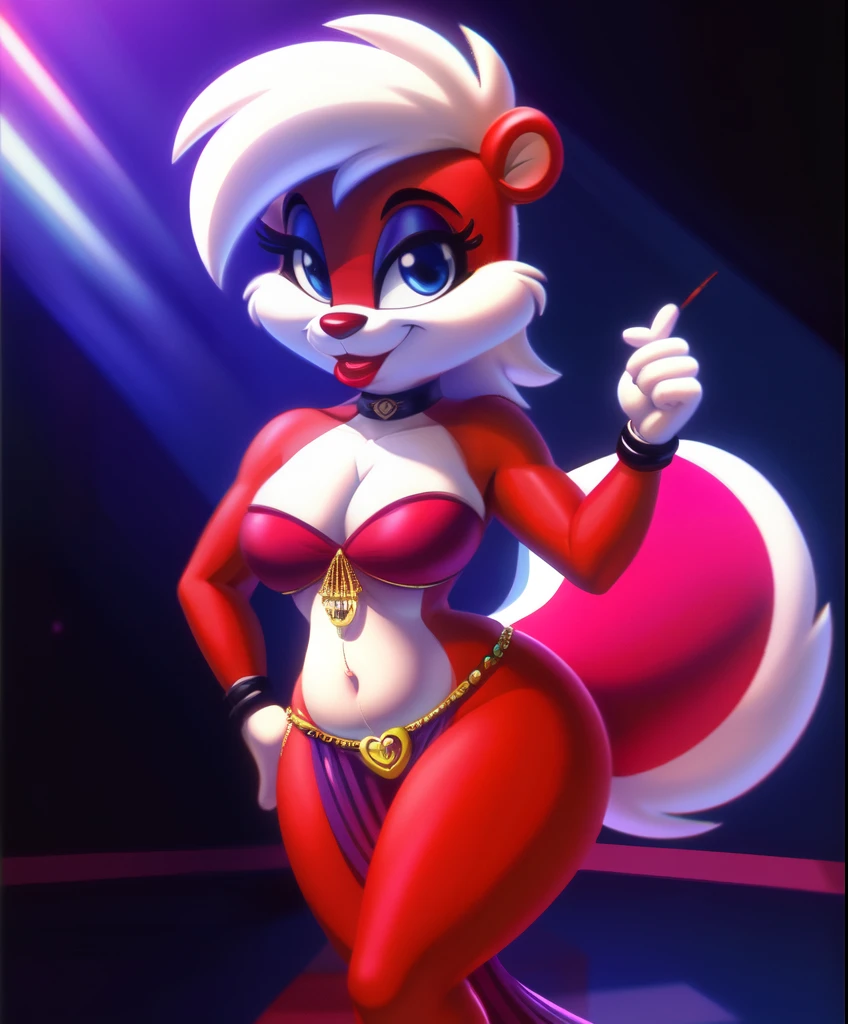 Female anthro skunk as an belly dancer, red shiny lipstick, red heart shaped strapless chest plate, tiny toons style, 1980’s cartoon, vhs capture, 4k