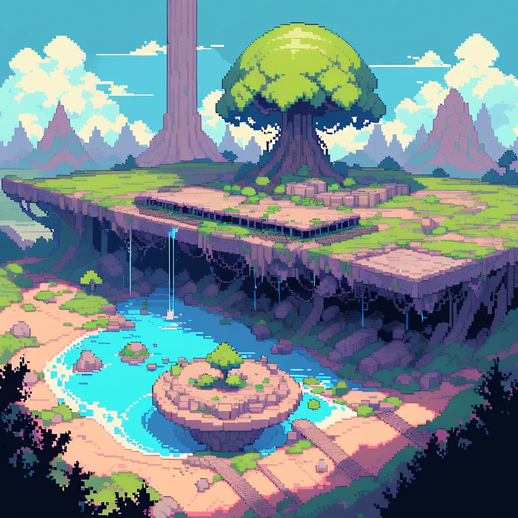 (masterpiece),(best quality),very aesthetic,(ultra-detailed),(retro 8-bit pixel art),vibrant colors,high saturation,Collapsed civilization,no human,Abandoned station platform,Broken concrete ground,summer,(Giant tree towering in the distance)