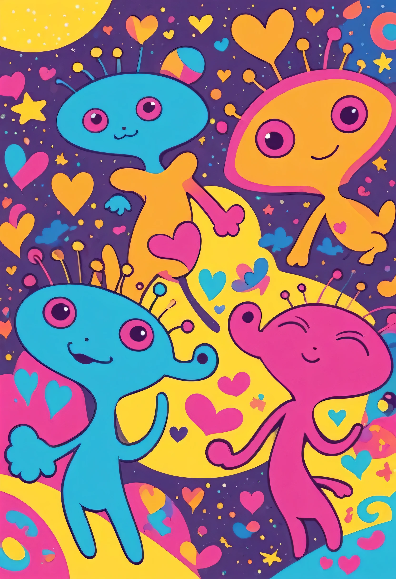 Keith Haring colorfull style, Simple Line Initialism,Abstract art, colorful hearts, funny design, (((Cute Aliens))), The background is space