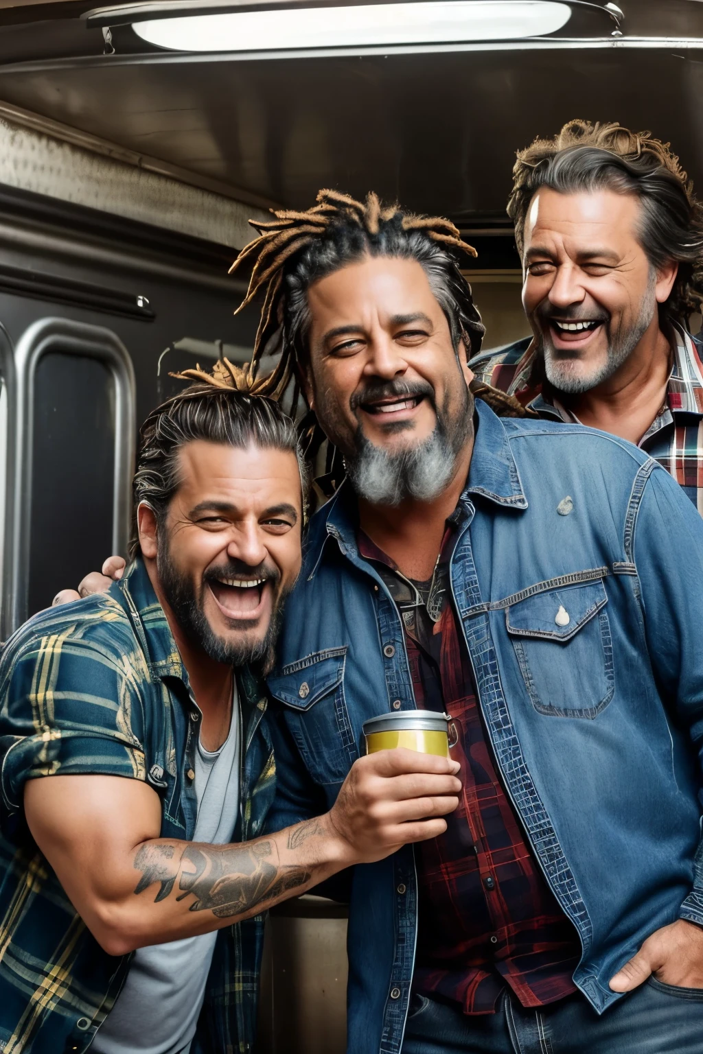 A 45-year-old man with disheveled hair and a beard, ((rastafarian-style)), ((loose-fitting flannel shirt)), ((drunken expression)), sun-kissed skin, ((tattered jeans)), ((sneakers with holes)), ((frontal view)), selfie, taken with a cheap smartphone, ((tongue out)), ((grinning ear to ear)), drinking from a can of beer, ((trailer park style)), ((low-quality image)), ((rough around the edges)), Ricky, Julian, and Bubbles from Trailer Park Boys, ((stereotypical trailer park setting)), ((laugh tracks)), ((low brow