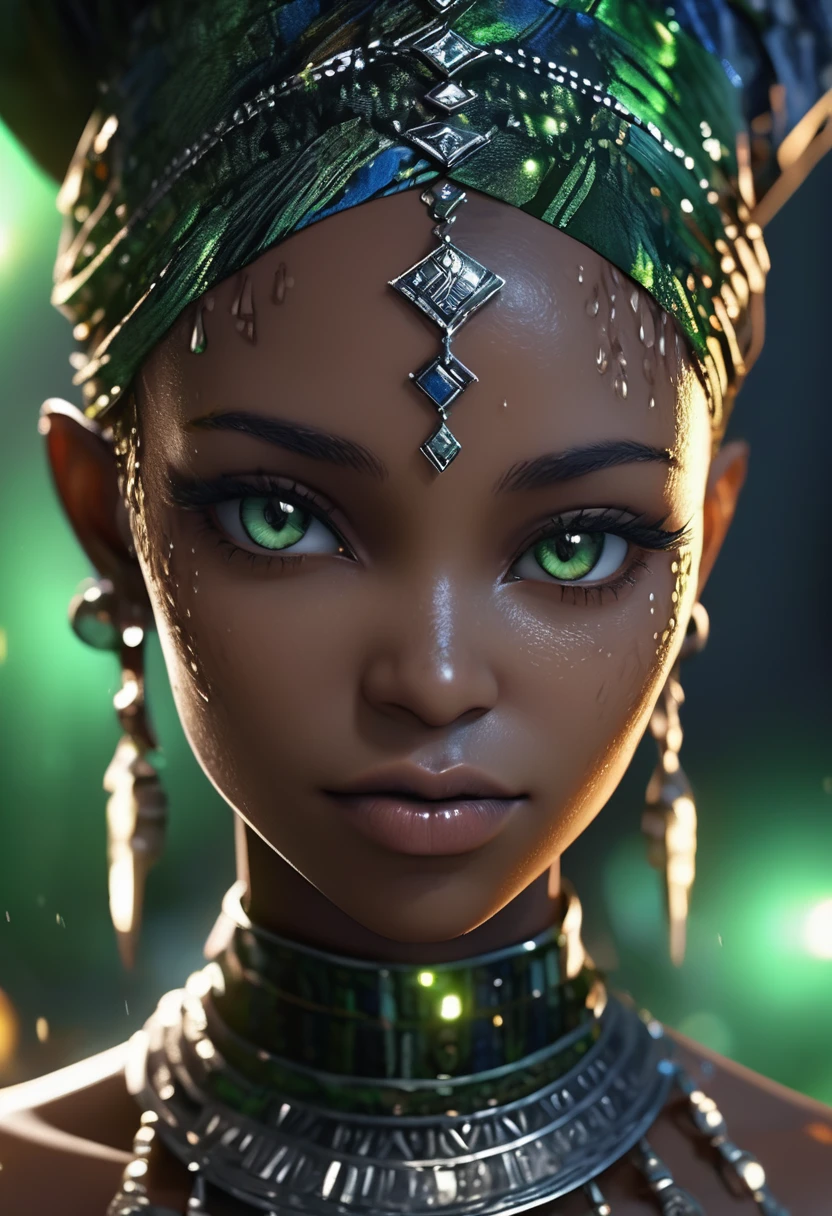 Close up shot of beautiful black woman in african clothes, blue eyes, green light rays shining all over her skin, glittering wet skin, 3d animated image in the style of final fantasy 7, very high detailed and clear image, 32k high definition and high resolution images, unreal engine 5 rendered. Hyper-realistic images with high detailed features providing a viewer with a clear high definition well created masterpiece of art..