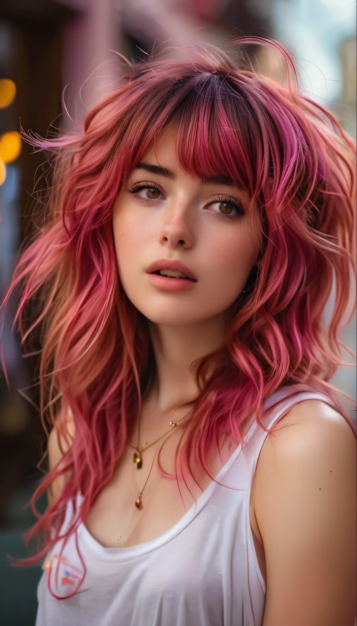 1girl, bangs, bellissima, blurry background, brown eyes, brown hair, freckles, long hair, looking at viewer, looking up, necklace, pink hair, realistic, sleeveless shirt, solo, upper body, wavy hair, wind