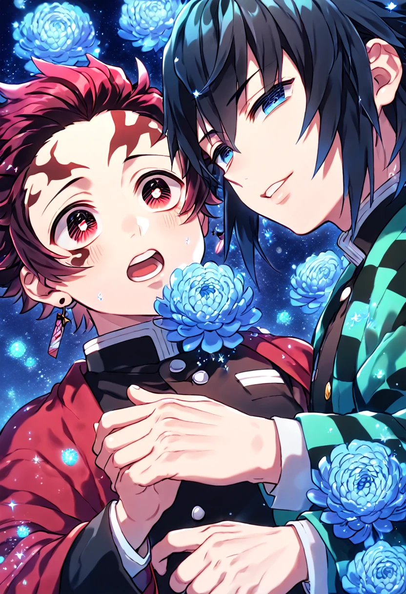 absurdres, highres, ultra detailed, HDR, master piece, best quality, extremely detailed, Kamado Tanjirou, red burgundy hair, expressive red eyes, Kimetsu No Yaiba, Tomioka Giyuu, black hair, expressive blue eyes, two sexy men together, yaoi, gay couple, handsome, green haori, red haori, demon slayer uniform, fantasy, sparkling, blue glittering fireflies, blue moon, blue blossoms, blue chrysanthemums, blue sparkling lights, starry sky, magical