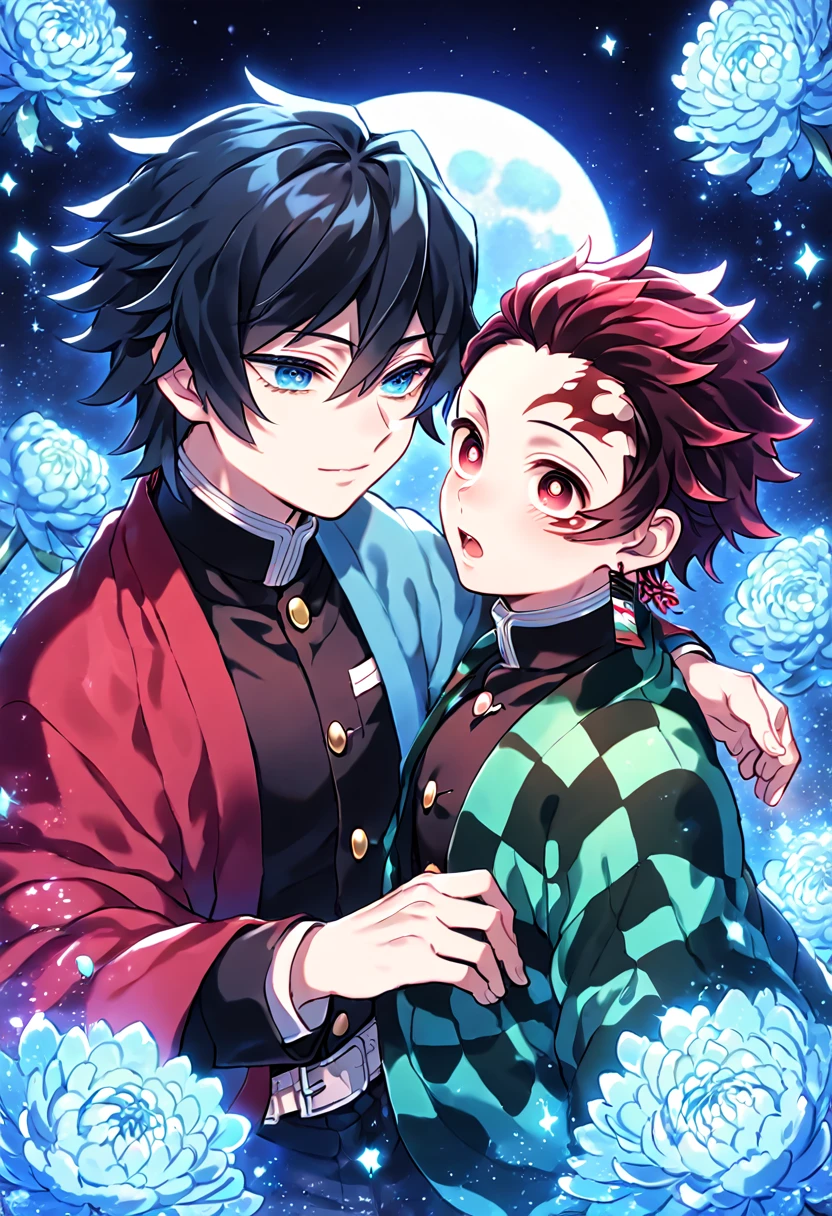 absurdres, highres, ultra detailed, HDR, master piece, best quality, extremely detailed, Kamado Tanjirou, red burgundy hair, expressive red eyes, Kimetsu No Yaiba, Tomioka Giyuu, black hair, expressive blue eyes, two sexy men together, yaoi, gay couple, handsome, green haori, red haori, demon slayer uniform, fantasy, sparkling, blue glittering fireflies, blue moon, blue blossoms, blue chrysanthemums, blue sparkling lights, starry sky, magical