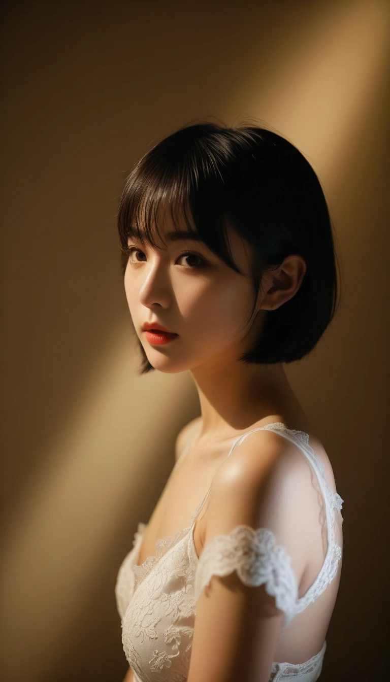 8k, Ultra-high resolution, Highest quality, masterpiece, 三分割法によるphotograph,Surreal, photograph, 1 Girl, (16 years old:1.3), pretty girl, Cute Face, Beautiful eyes in every detail, 細かくdetailedに,masterpiece,One Girl:1.2,Japanese female announcer,upper body,Serious expression,Black short hair,Bob with bangs,White lace lingerie, See through, Look forward, Standing posture, Opposition, Dynamic Lighting,Hotel room、 Sharp contours, Light from above, Low contrast, (Side view),Perfect and beautiful face ,完璧でCute Face, Skin with attention to detail, Perfect limbs、Narrow waist,Looking at the audience,(((Ideal body type))),A cup small breasts :2,Portraiture:2,Perfect Anatomy,鮮明なdetailed,detailed,Surreal,Light and shadow,stage lights